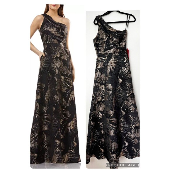 Carmen Marc Valvo Formal One Shoulder Gown Dress Black Gold Brocade NEW Sz 2 - Picture 1 of 13